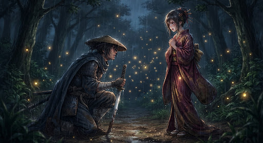 Shinpei Goto kneeling deferentially in the mud before noblewoman Satoko