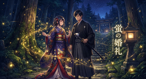 Key Visual illustration of Firefly Wedding anime featuring Satoko Kirigaya and Shinpei Goto under fireflies