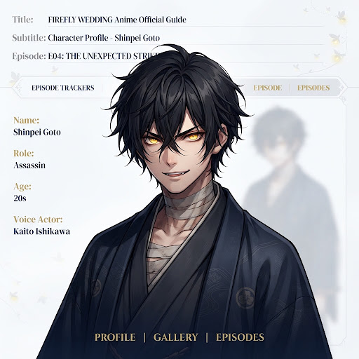 Portrait of assassin Shinpei Goto with raven hair, amber eyes, and bandaged neck